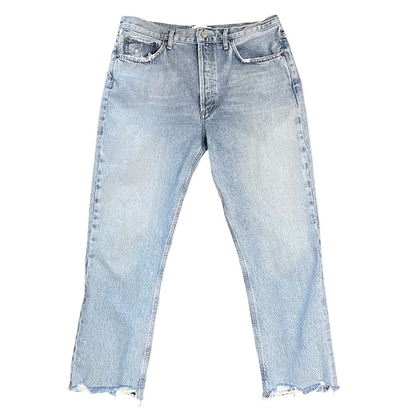 AGOLDE Riley Ankle Crop High Rise Straight Leg Blue Jean Distressed Hem Size 30 - Picture 3 of 12